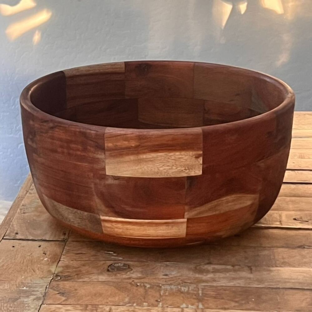 Large Acacia Wood Bowl Decor Serving Bowl 12.5" Tonal Hardwood Strips